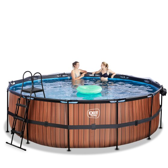 EXIT Wood pool ø450x122cm with sand filter pump and dome - brown