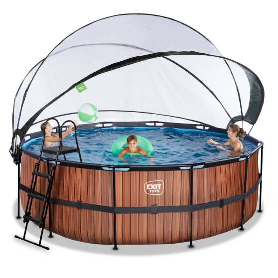 EXIT Wood pool ø427x122cm with sand filter pump and dome - brown