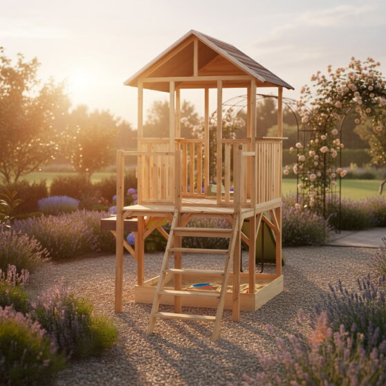 EXIT Panorama 550 wooden playhouse with slide, mud kitchen and sandpit