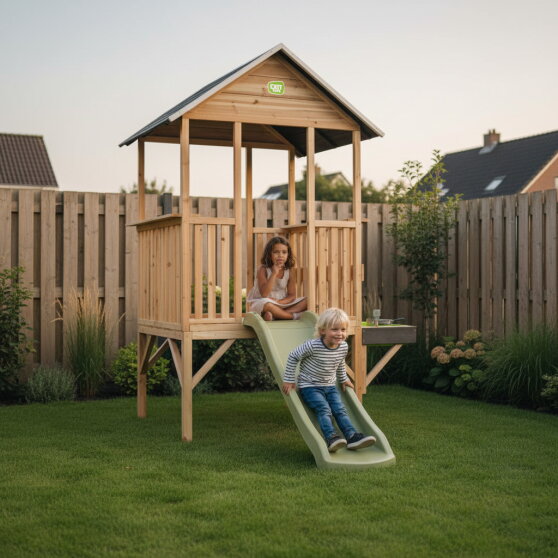 EXIT Panorama 350 wooden playhouse with slide and mud kitchen
