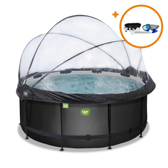 EXIT Black Leather pool 12ft x 48in with sand filter pump and dome and accessory set - black