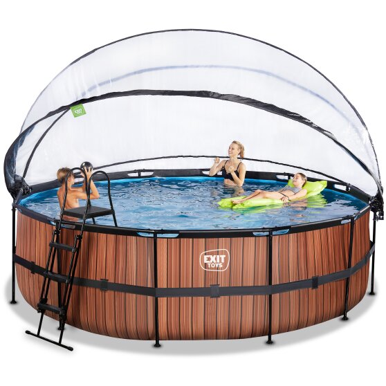 EXIT Wood pool ø488x122cm with sand filter pump and dome - brown