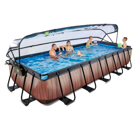 EXIT Wood pool 18ft x 8ft x 39in with sand filter pump and dome - brown